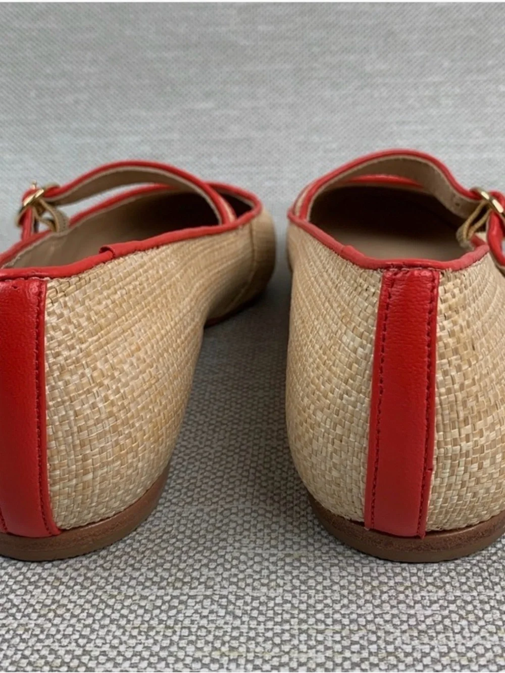 ANTONIO MELANI Natural Raffia Mary Jane Flats with Coral Trim